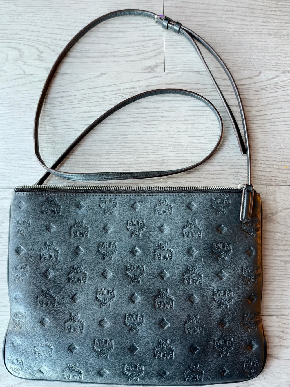 MCM Black Embossed Leather Crossbody Pouch with Slim Strap